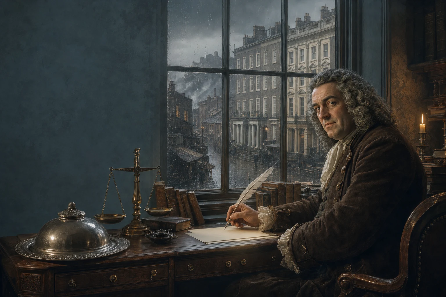 An eighteenth-century Irish satirist writing beside a rainy Dublin street