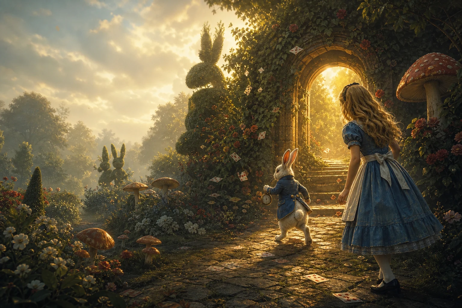 Alice following the White Rabbit into a luminous enchanted garden