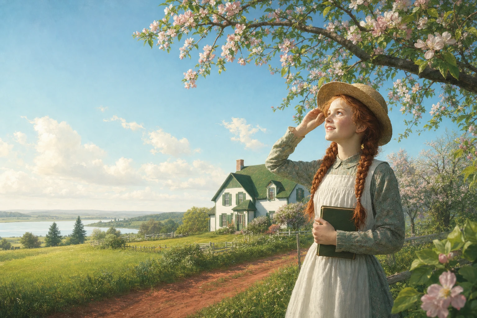 Anne Shirley beneath flowering apple trees near the Green Gables farmhouse