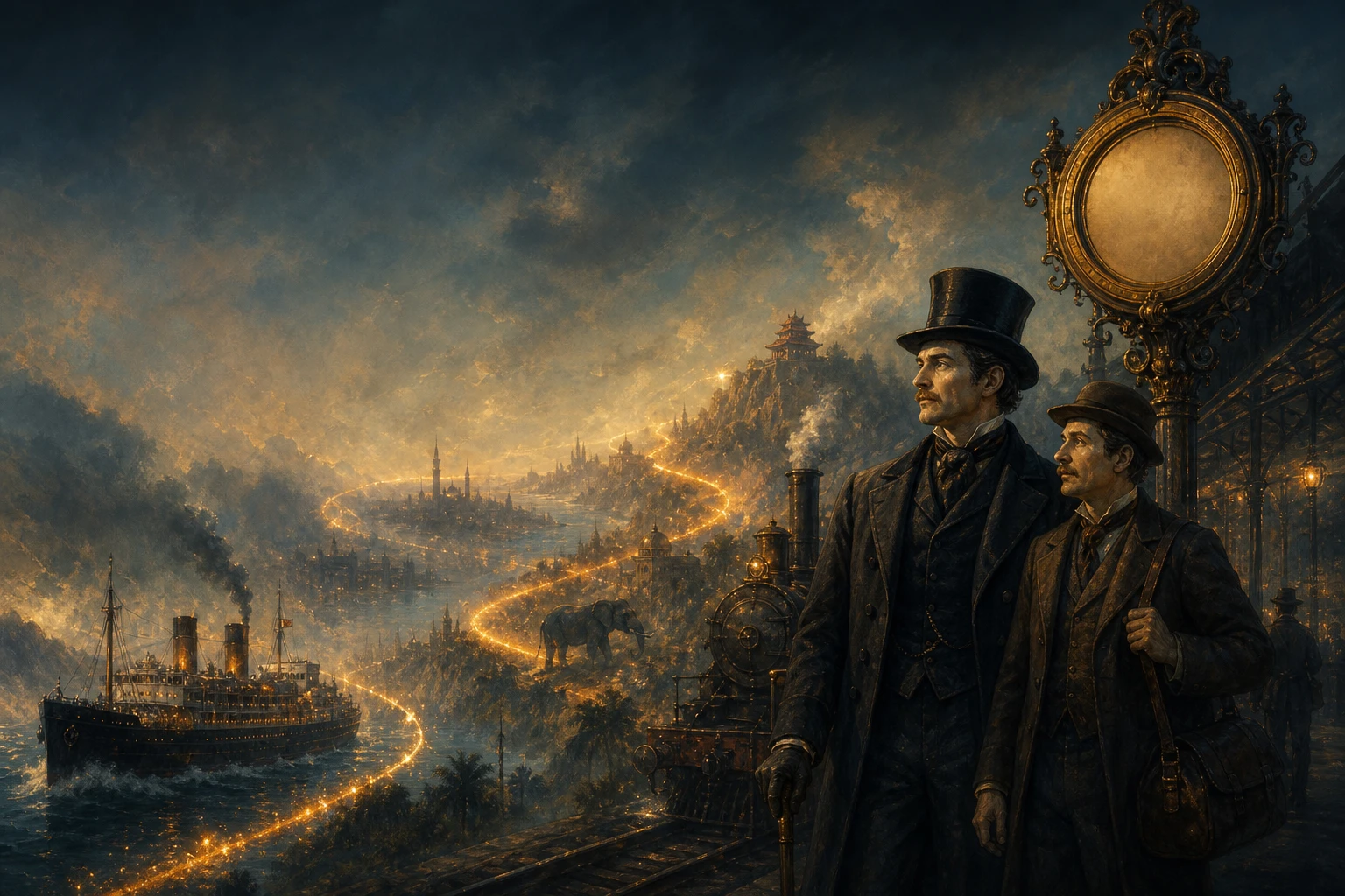 Phileas Fogg beside a steam train, ocean liner, and glowing world map