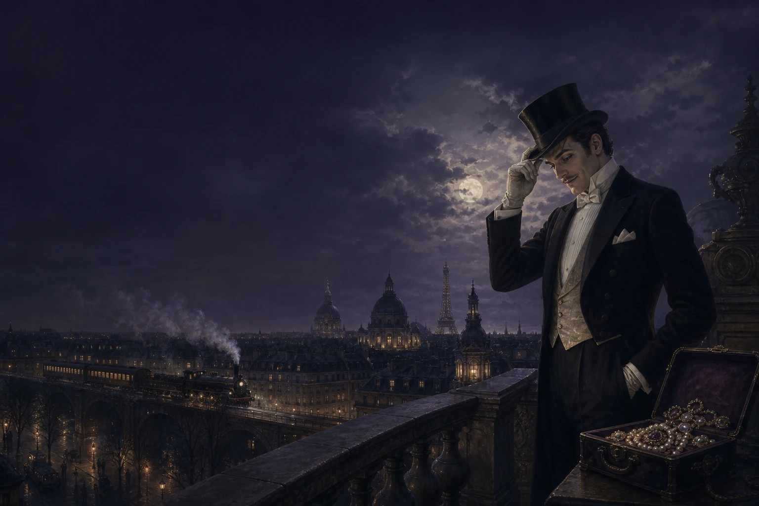 Arsène Lupin tipping his hat beside a moonlit Parisian rooftop