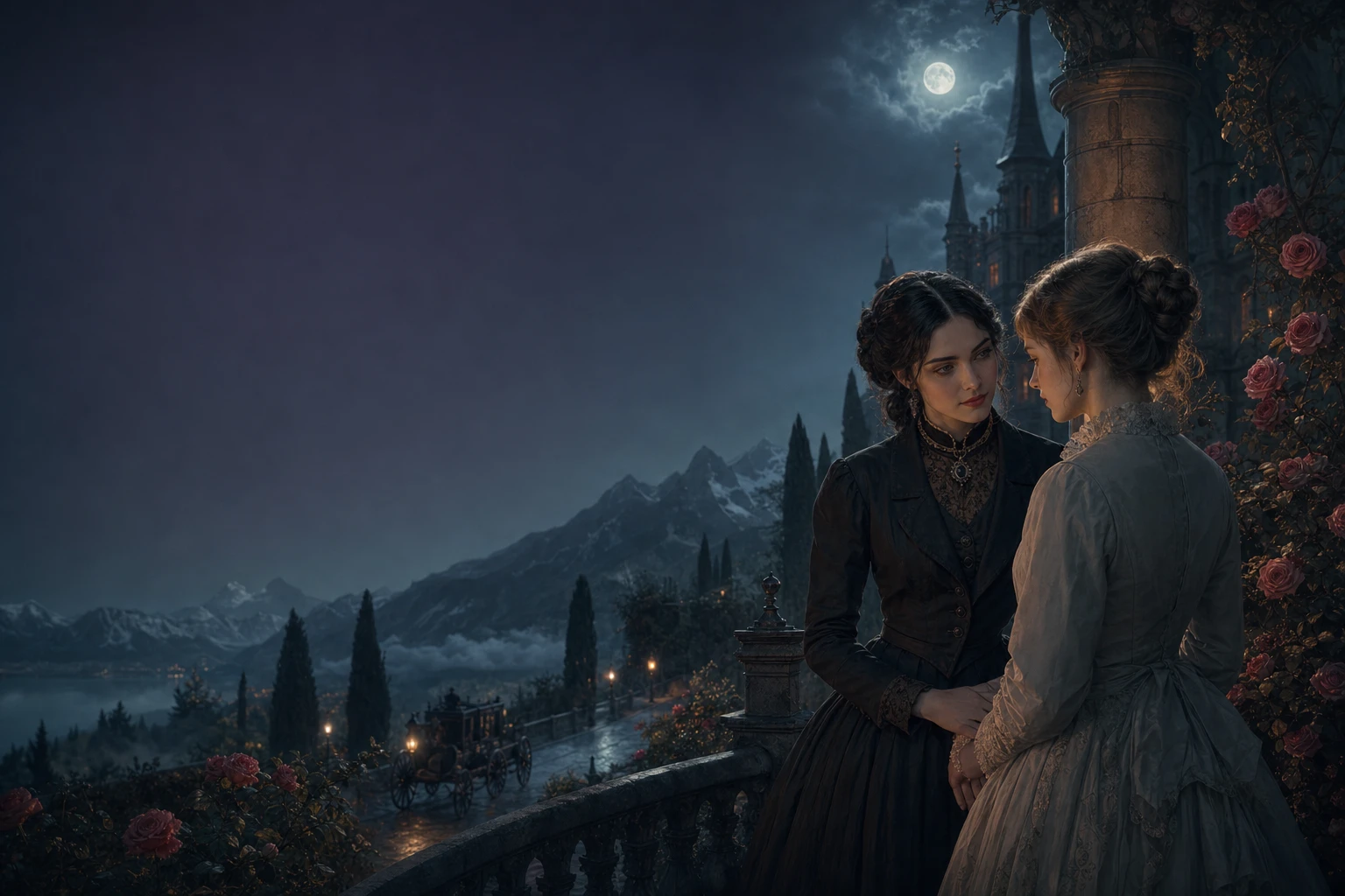 Two young women in a moonlit Styrian castle garden with distant mountains