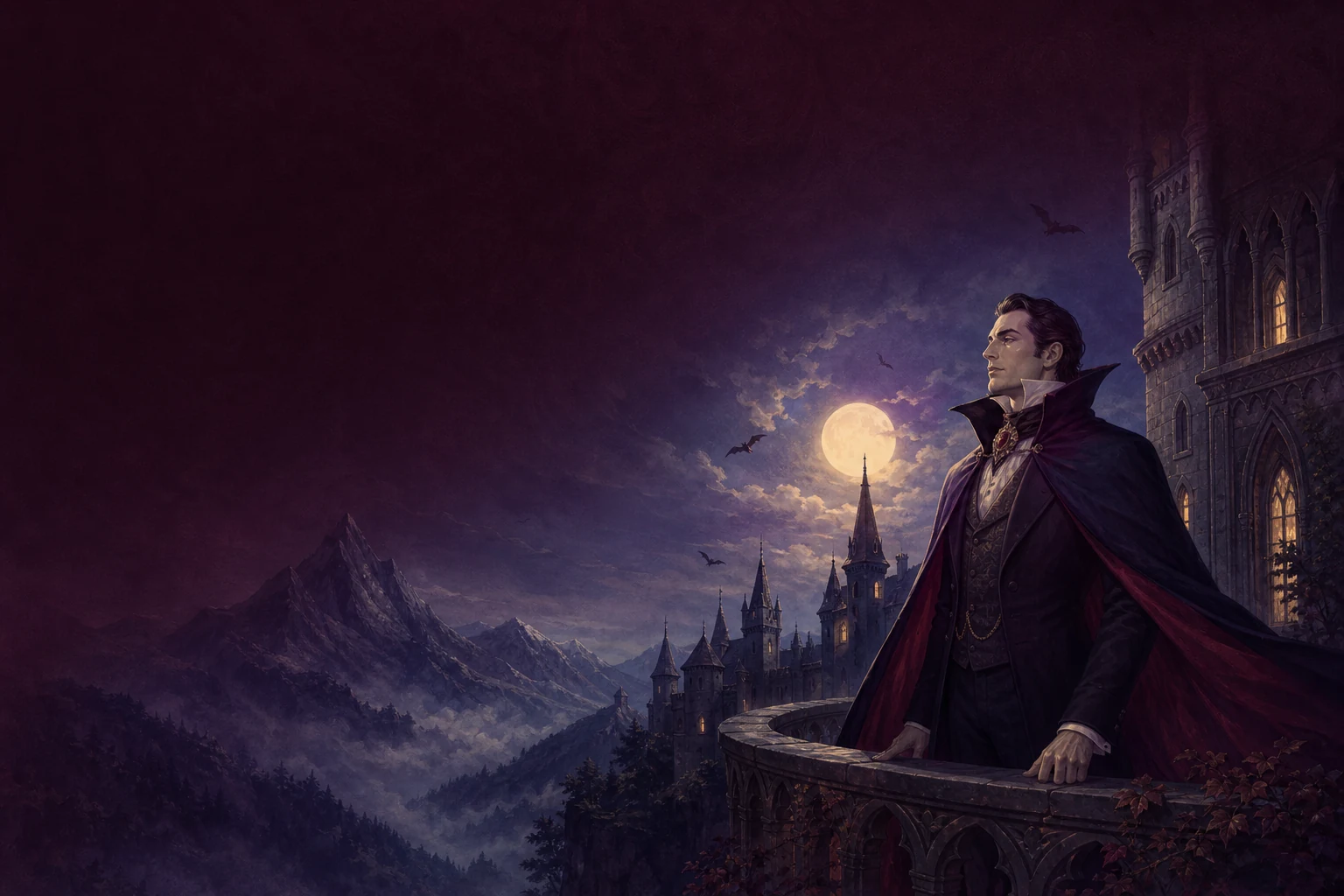 An elegant Count Dracula overlooking a moonlit Transylvanian castle