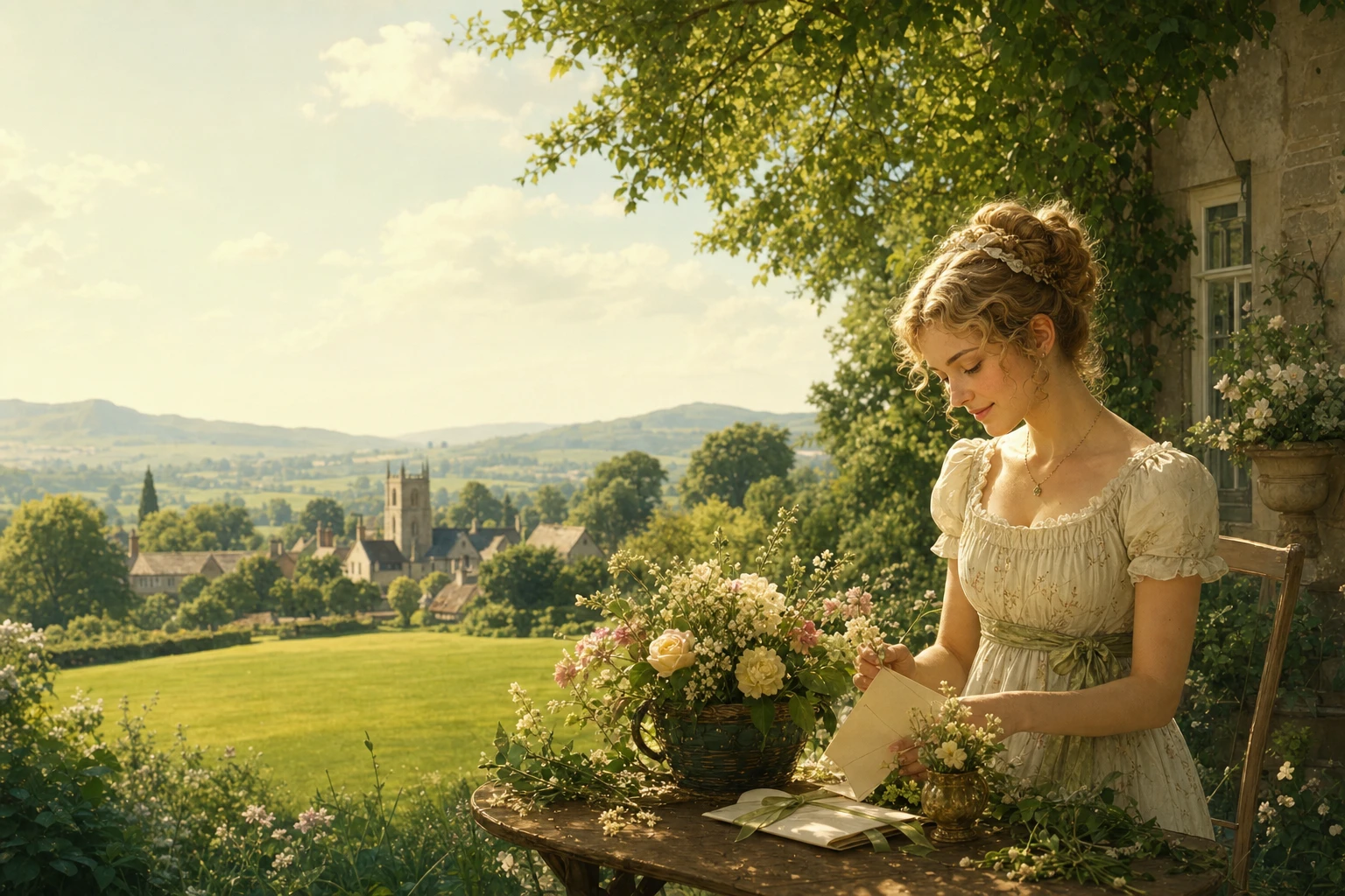 Emma Woodhouse arranging flowers beside a bright English village lawn