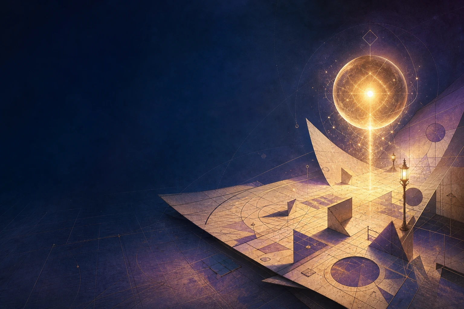 A luminous sphere rising through a precise world of geometric shapes