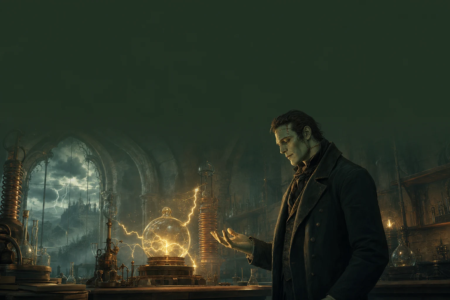 A thoughtful Frankenstein’s Creature beside a glowing electrical experiment