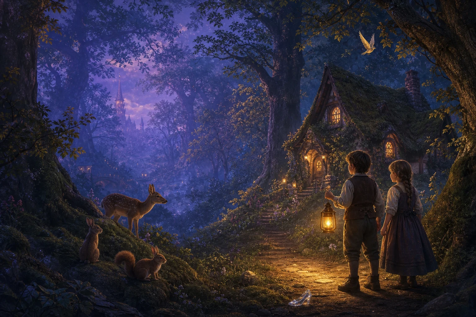 Two children with a lantern discovering an enchanted forest cottage