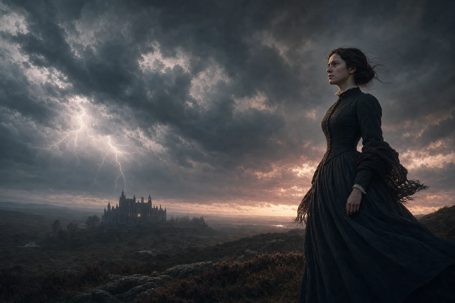Jane Eyre standing before windswept Thornfield Hall beneath a stormy sky