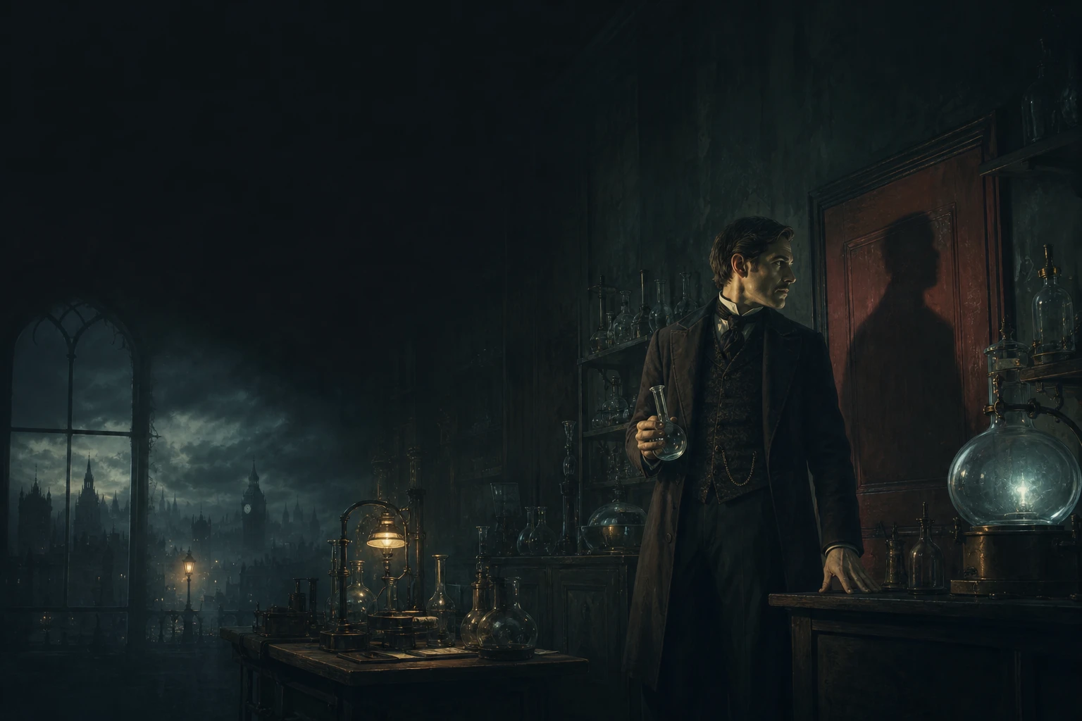 A Victorian doctor facing his distorted shadow in a gaslit laboratory