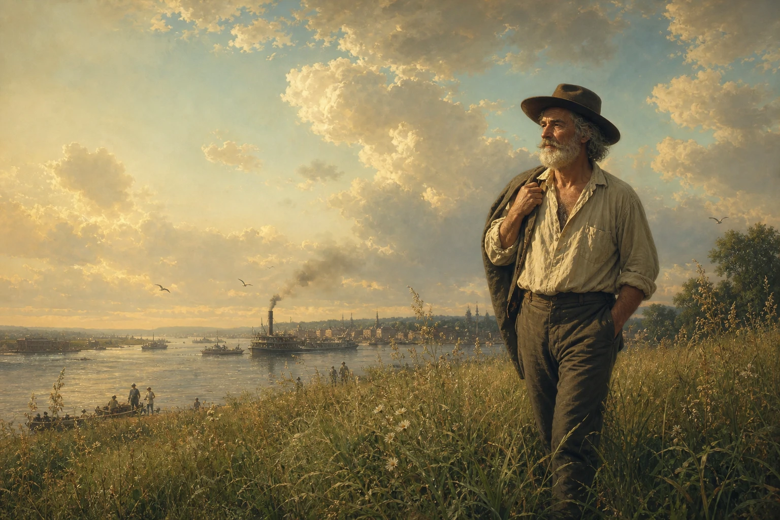 Walt Whitman walking through tall grass beneath an immense open American sky
