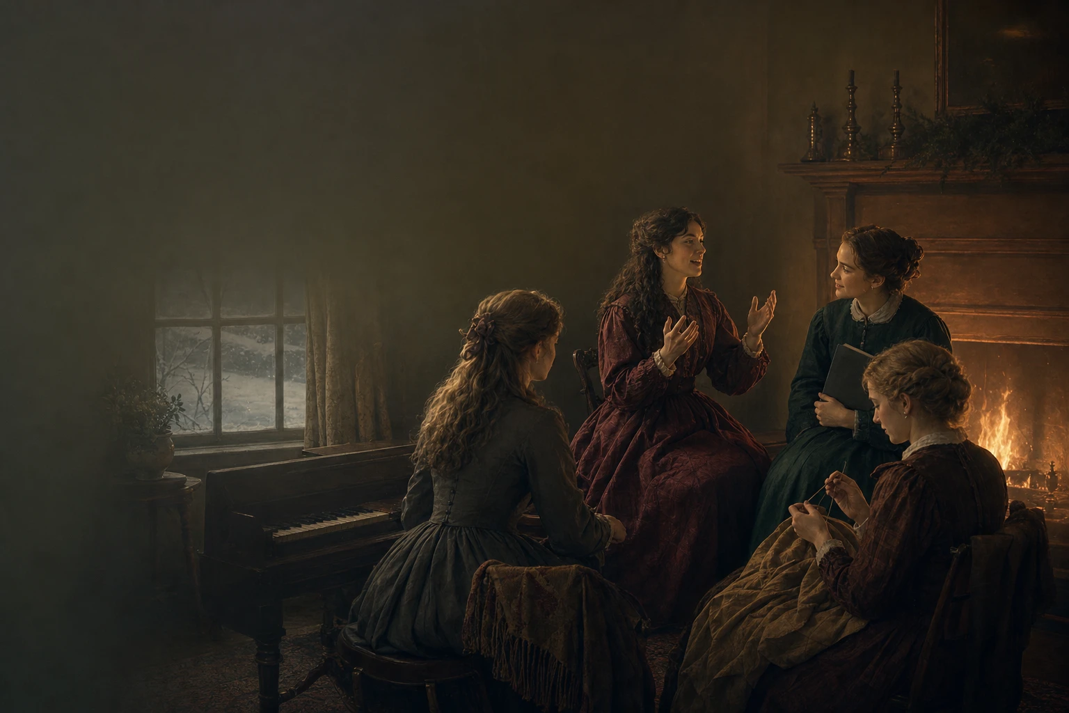 The four March sisters gathered around a warm New England hearth