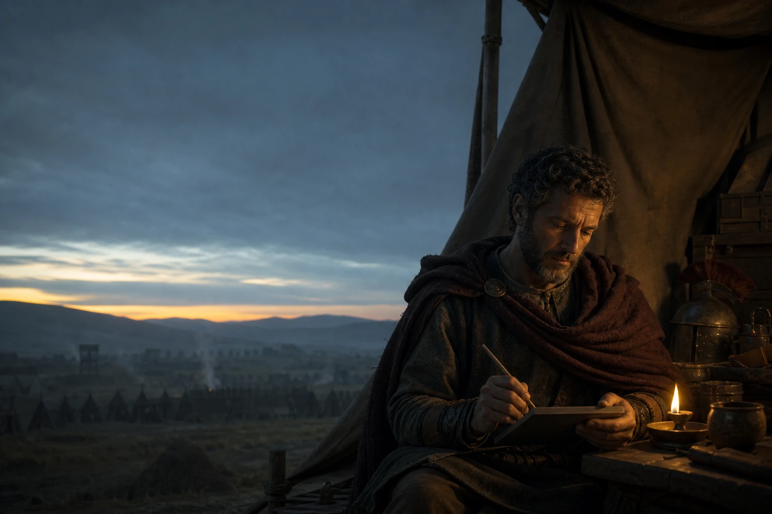 Marcus Aurelius writing by lamplight above a quiet Roman encampment