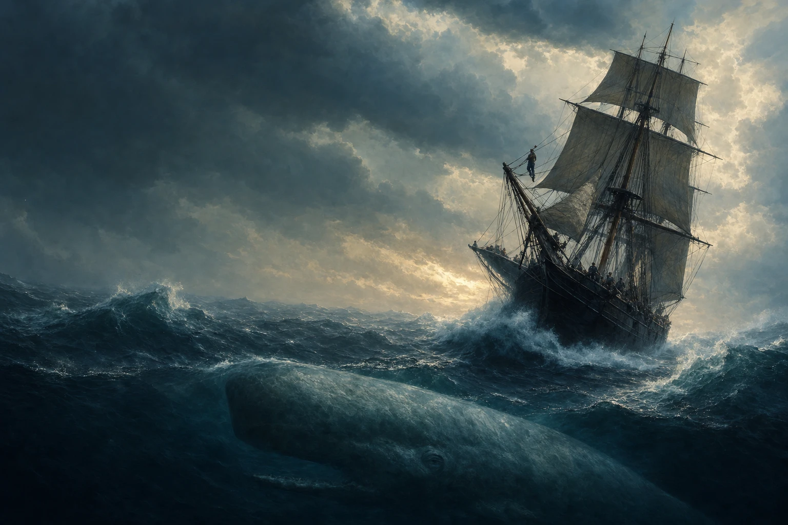 The Pequod sailing beneath a vast whale and storm-lit ocean sky