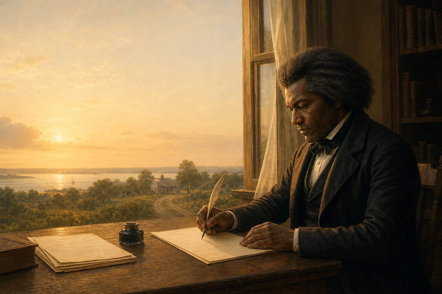 Frederick Douglass writing beside an open window at dawn