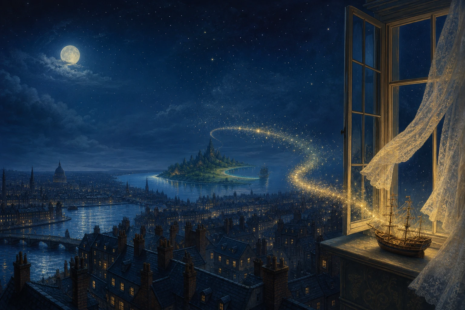 An open Edwardian nursery window overlooking moonlit London and distant Neverland
