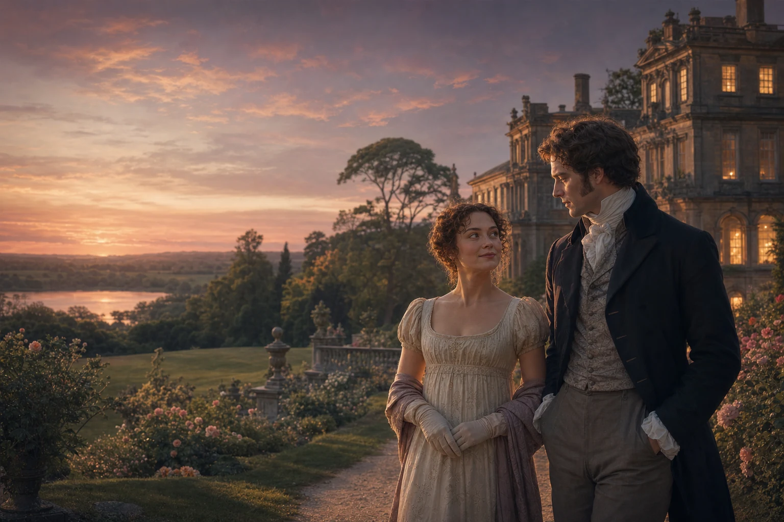 Elizabeth Bennet and Mr. Darcy walking through a Regency garden at sunset