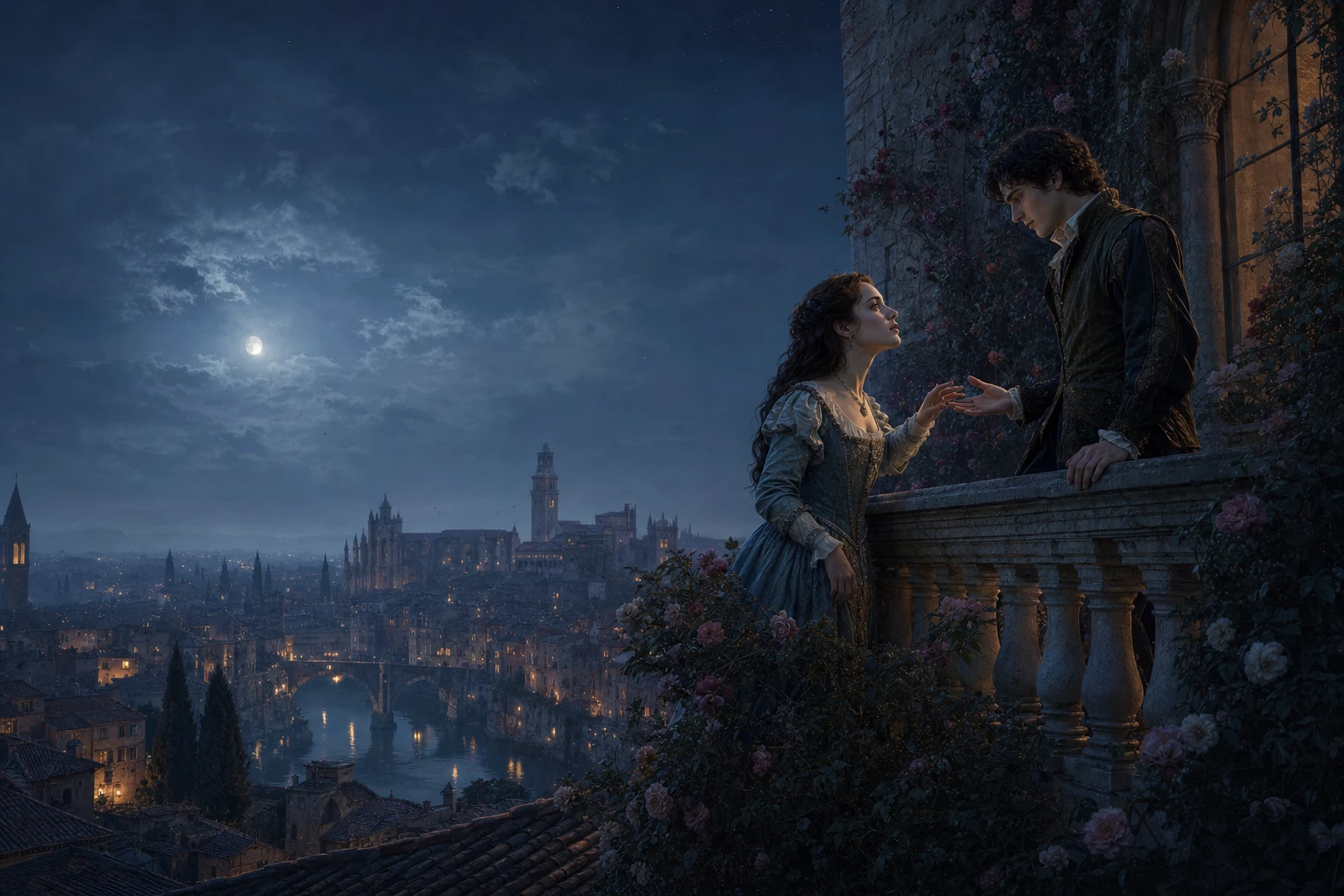 Romeo and Juliet meeting across a moonlit balcony in Renaissance Verona