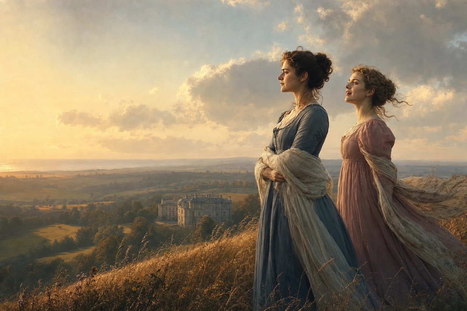 Elinor and Marianne Dashwood overlooking a windswept Sussex landscape