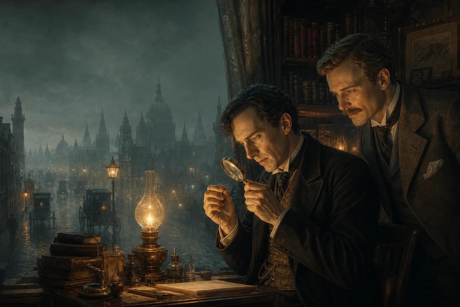 Sherlock Holmes and Dr. Watson examining a clue above foggy Victorian London