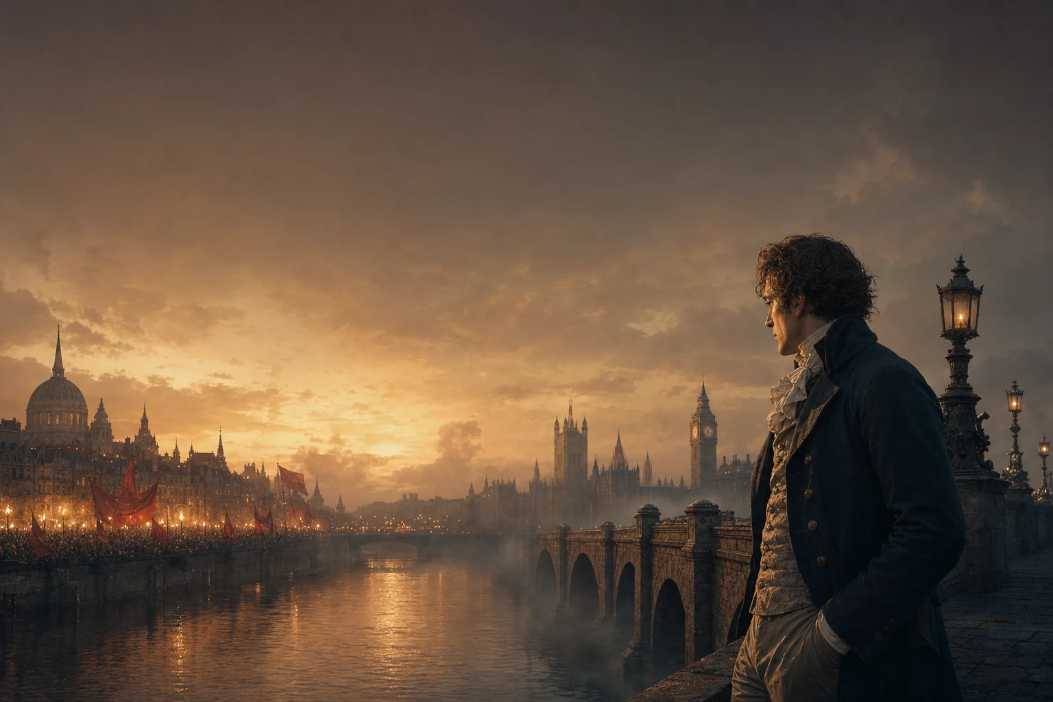 A reflective gentleman overlooking London and revolutionary Paris at sunset