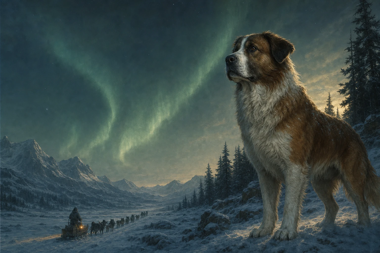Buck standing alert before a snowy Klondike forest and distant sled team