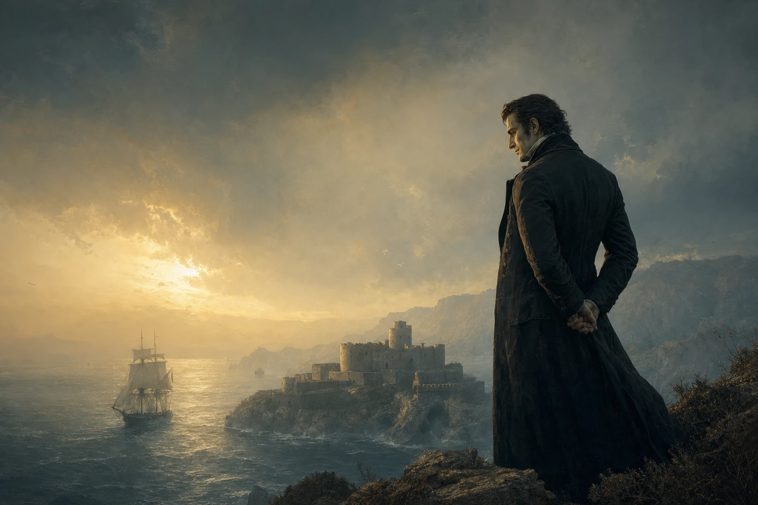 Edmond Dantès overlooking the Mediterranean from a rocky island fortress