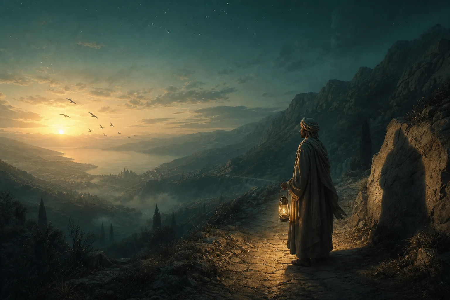 A lantern-bearing traveler facing a luminous mountain path before dawn