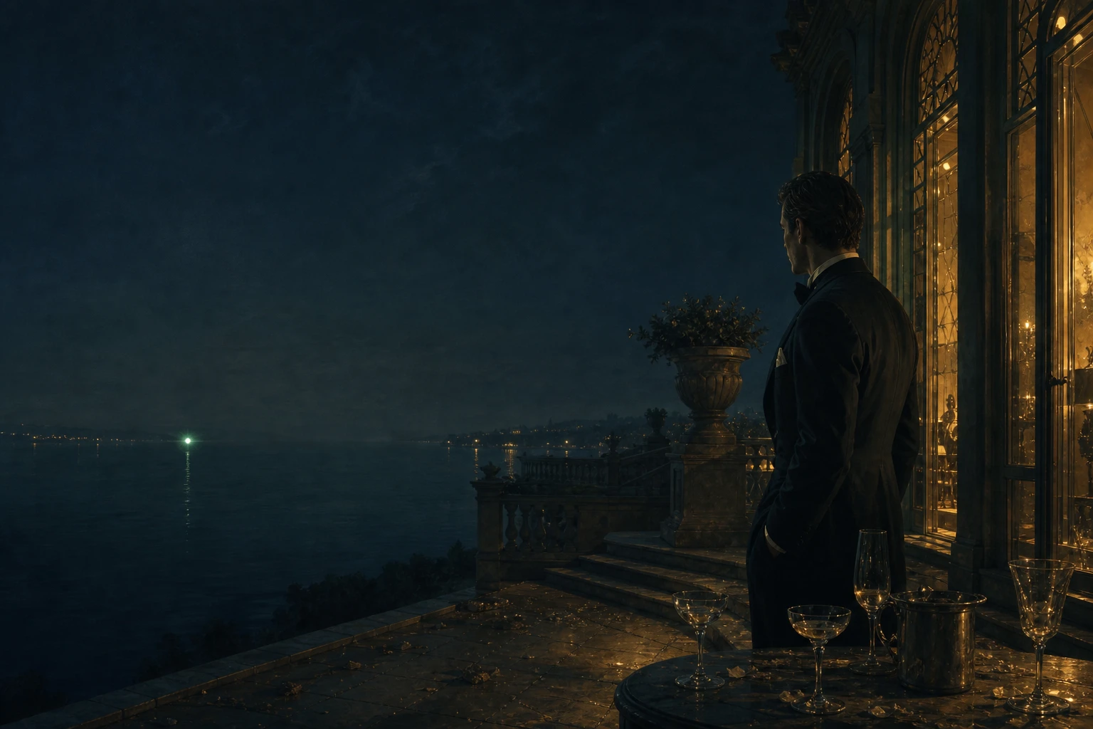 A solitary Jazz Age figure watching a distant green light across the bay