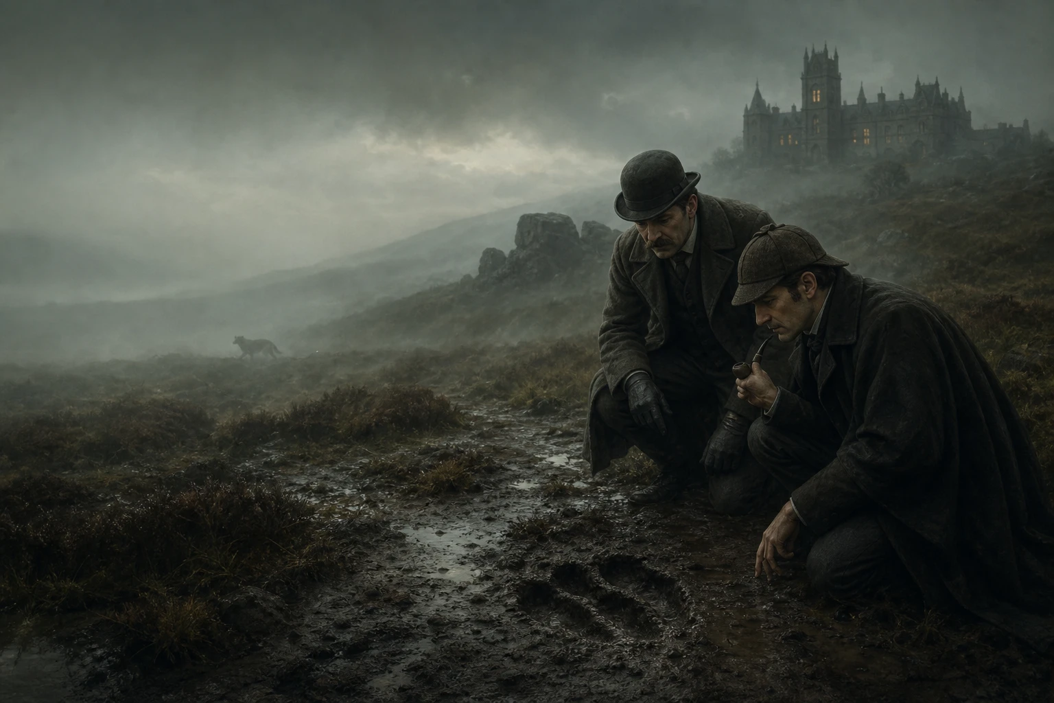 Holmes and Watson following luminous hound tracks across the misty moor