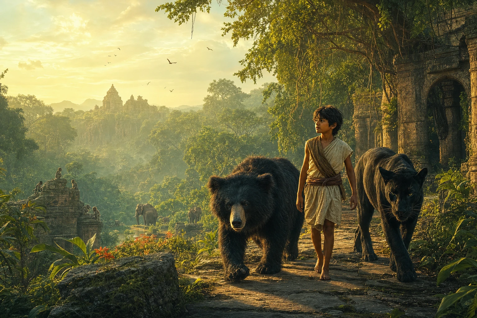 Mowgli walking through a lush jungle beside Baloo and Bagheera