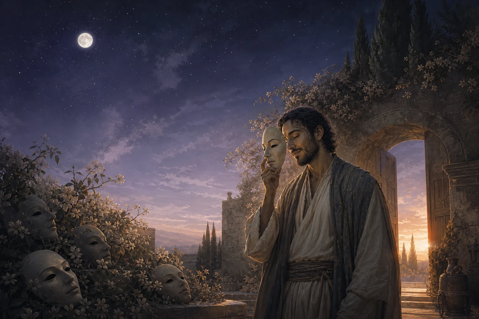 A contemplative man lowering a mask as dawn opens beyond a moonlit courtyard