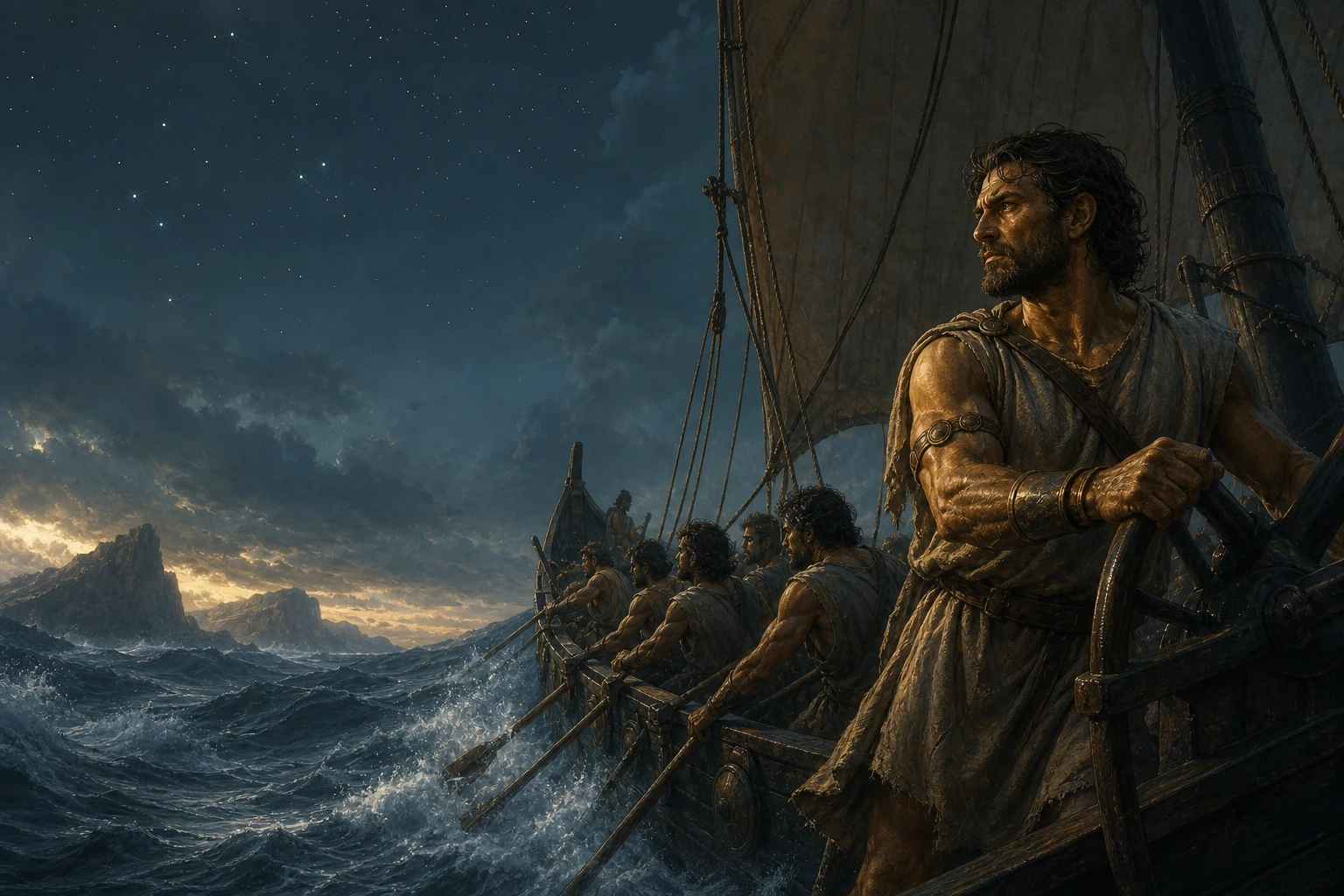 Odysseus steering a bronze-age ship through a mythic Mediterranean storm
