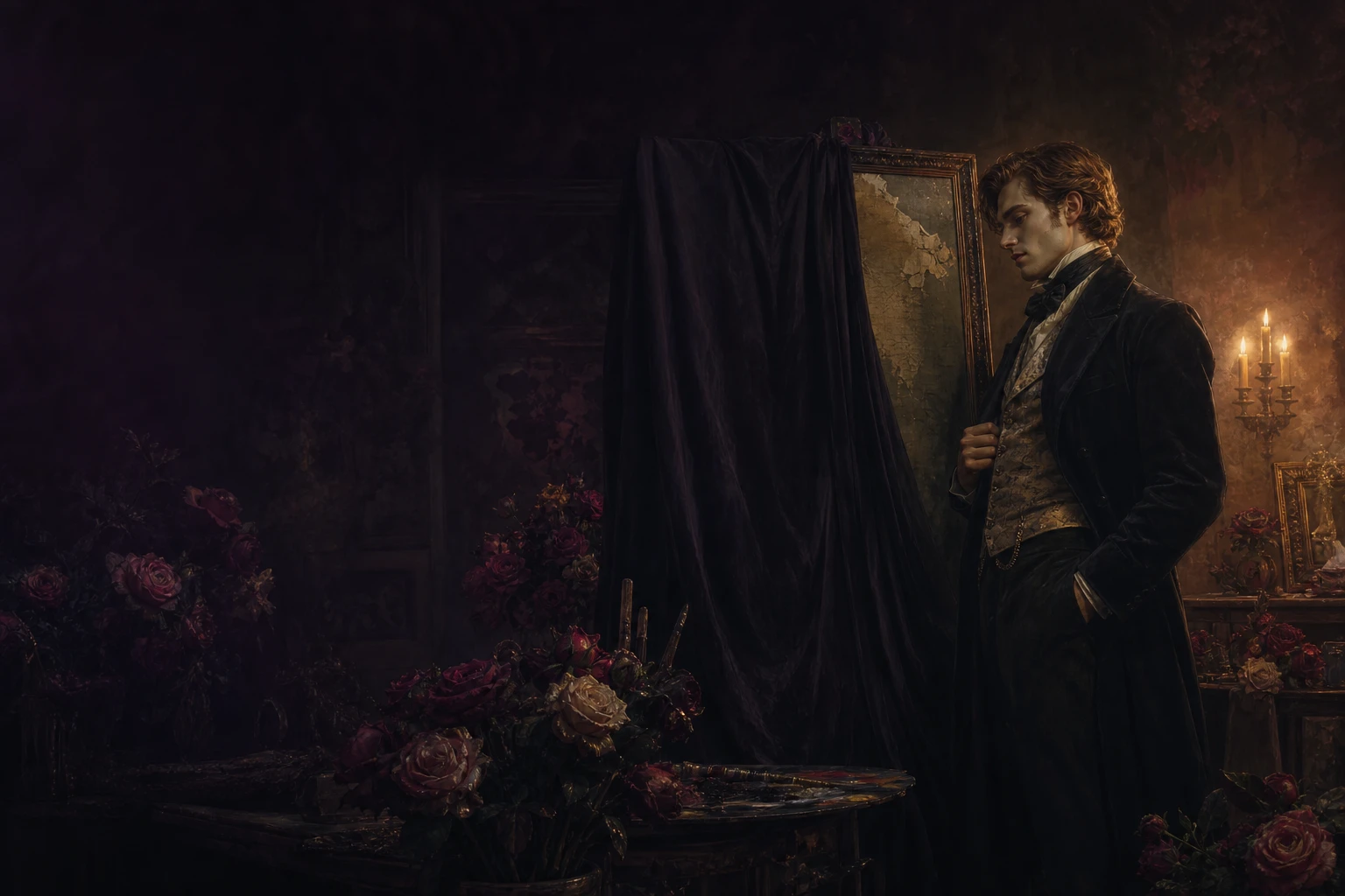 Dorian Gray standing beside a veiled portrait in a lavish Victorian studio
