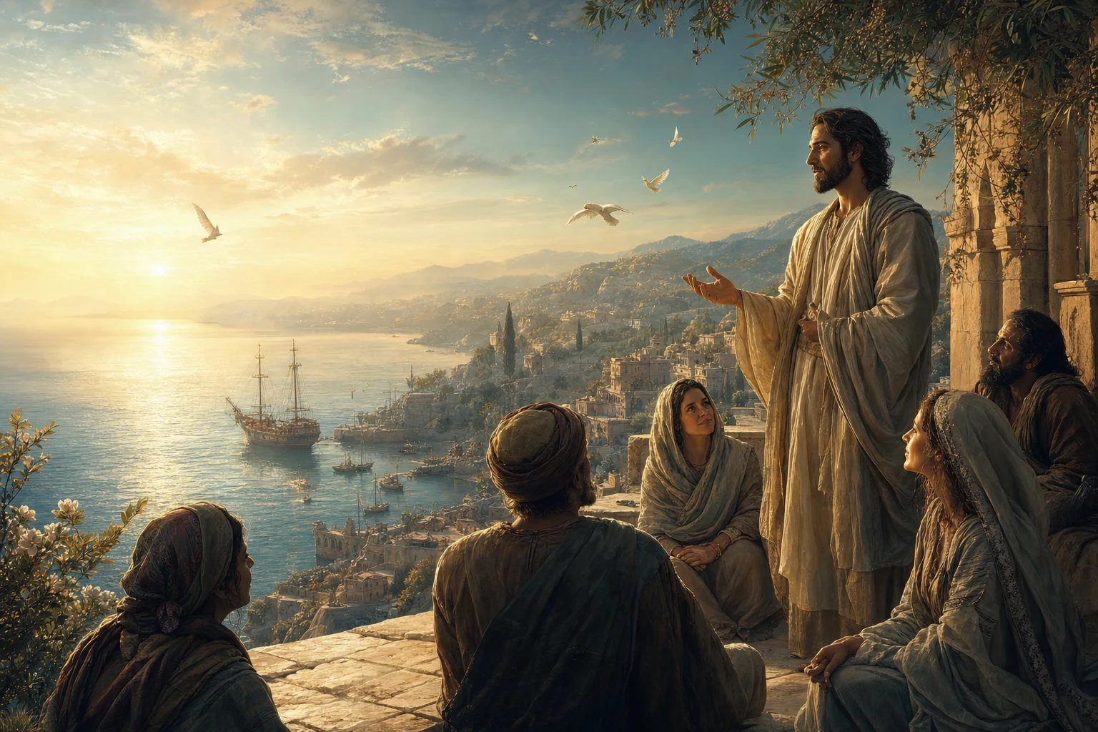 Almustafa speaking to listeners above a radiant Mediterranean harbor