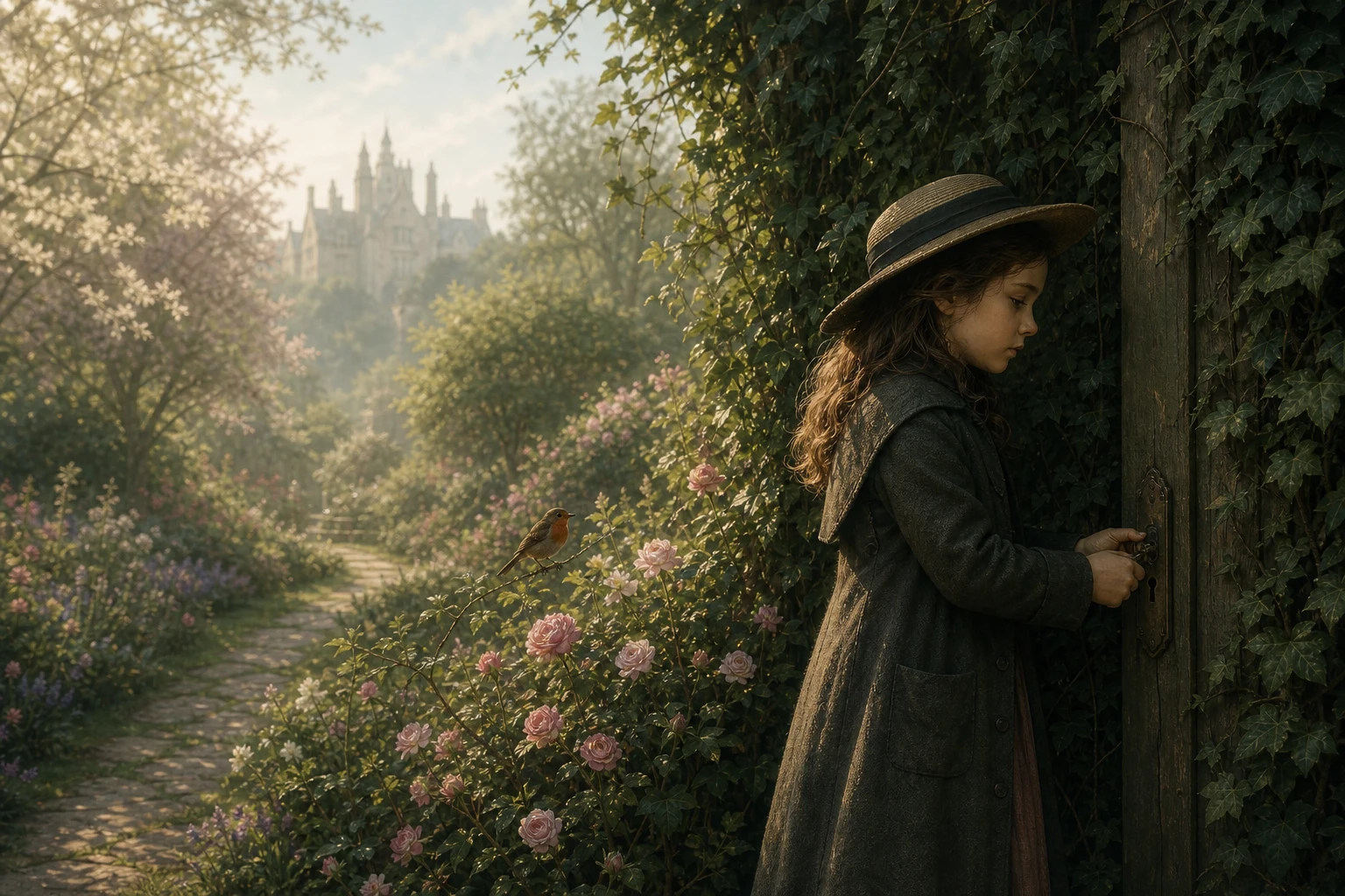 Mary Lennox opening a hidden garden door surrounded by spring flowers