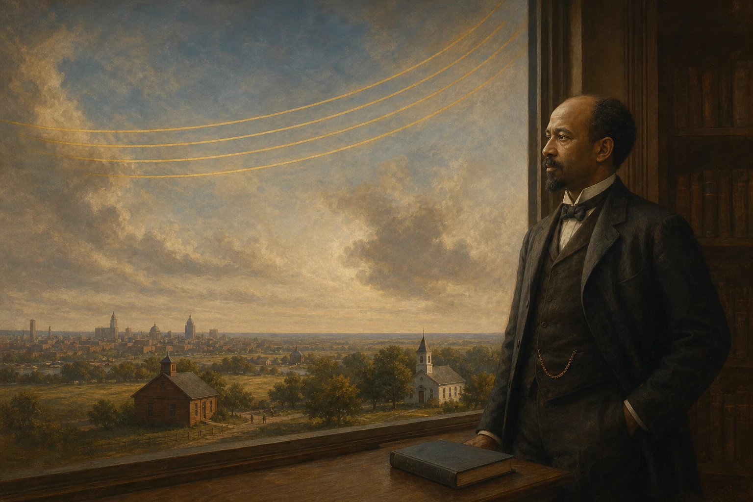 W. E. B. Du Bois overlooking a schoolhouse, church, fields, and distant city