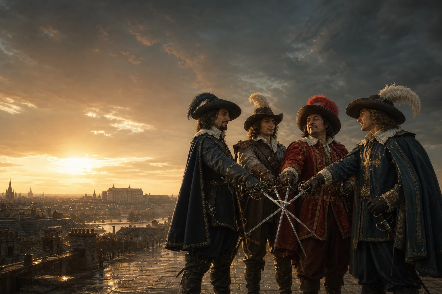Four musketeers crossing swords in friendship above the rooftops of Paris