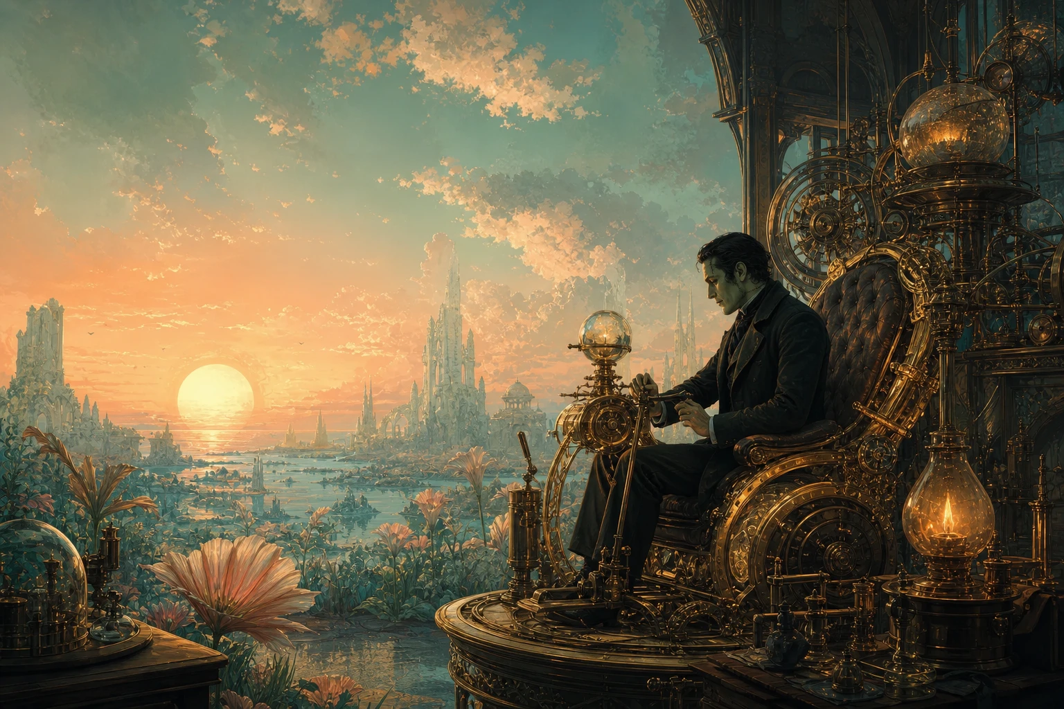 A Victorian time traveller beside a brass machine overlooking a distant future