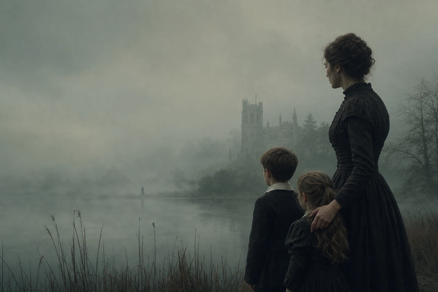 A governess watching two children beside a misty English manor lake