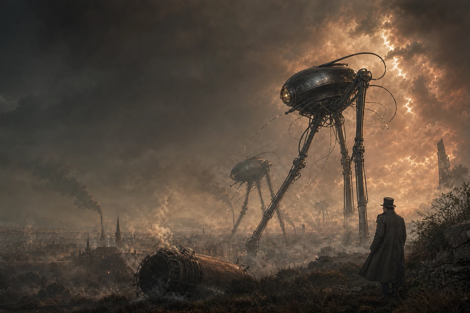 A Victorian observer watching towering Martian machines cross the English countryside