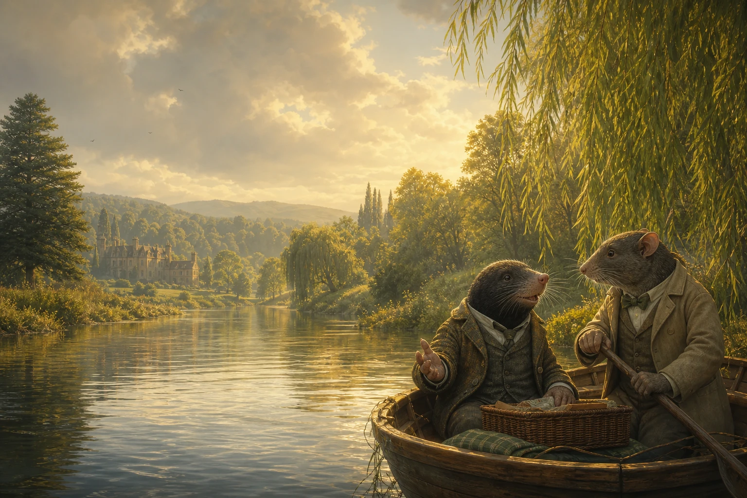 Mole and Rat boating along a golden river beneath willow trees