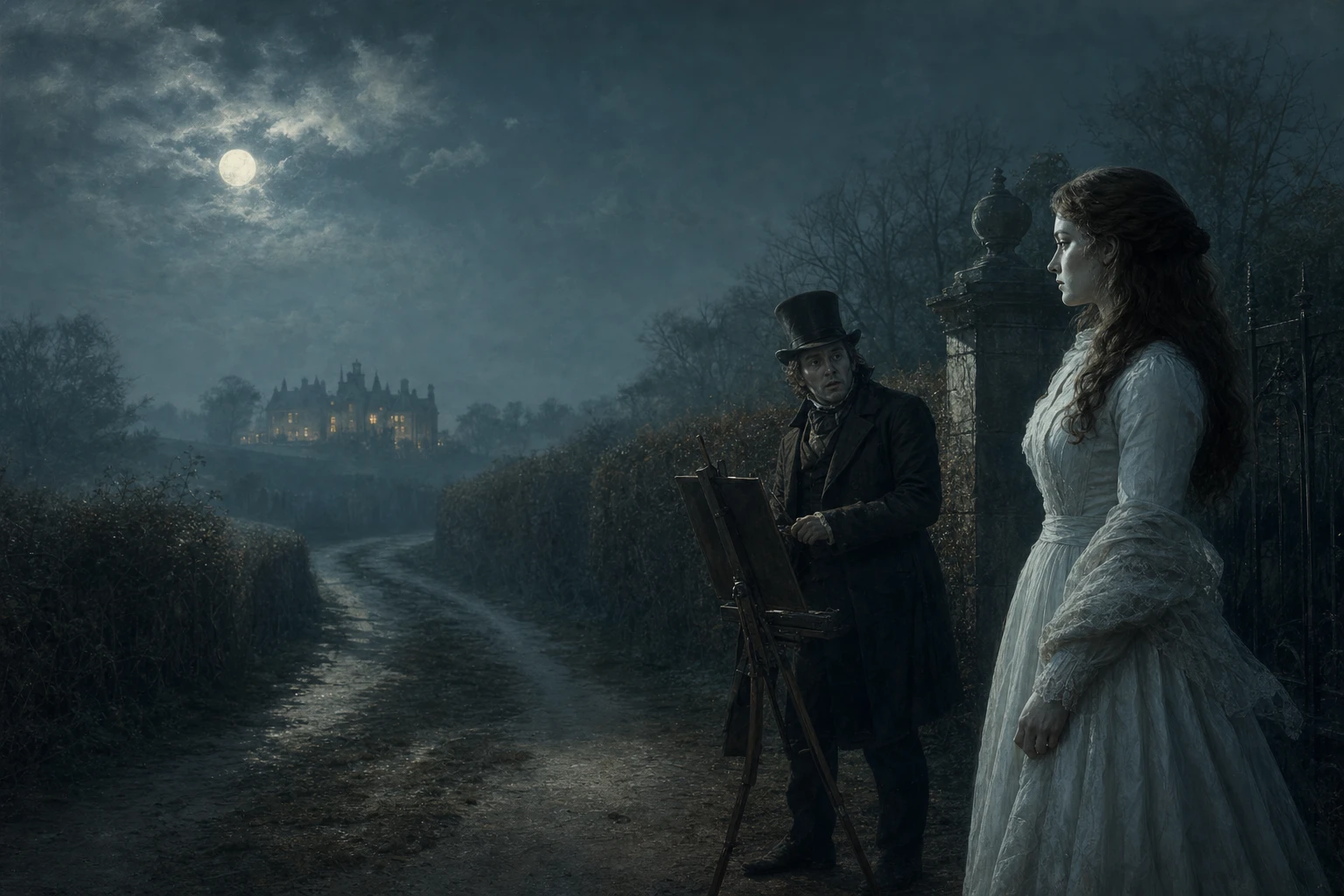 A woman in white appearing on a moonlit Victorian road before a startled traveler