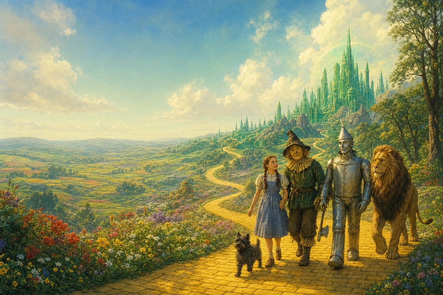 Dorothy and her companions approaching the Emerald City on a golden road