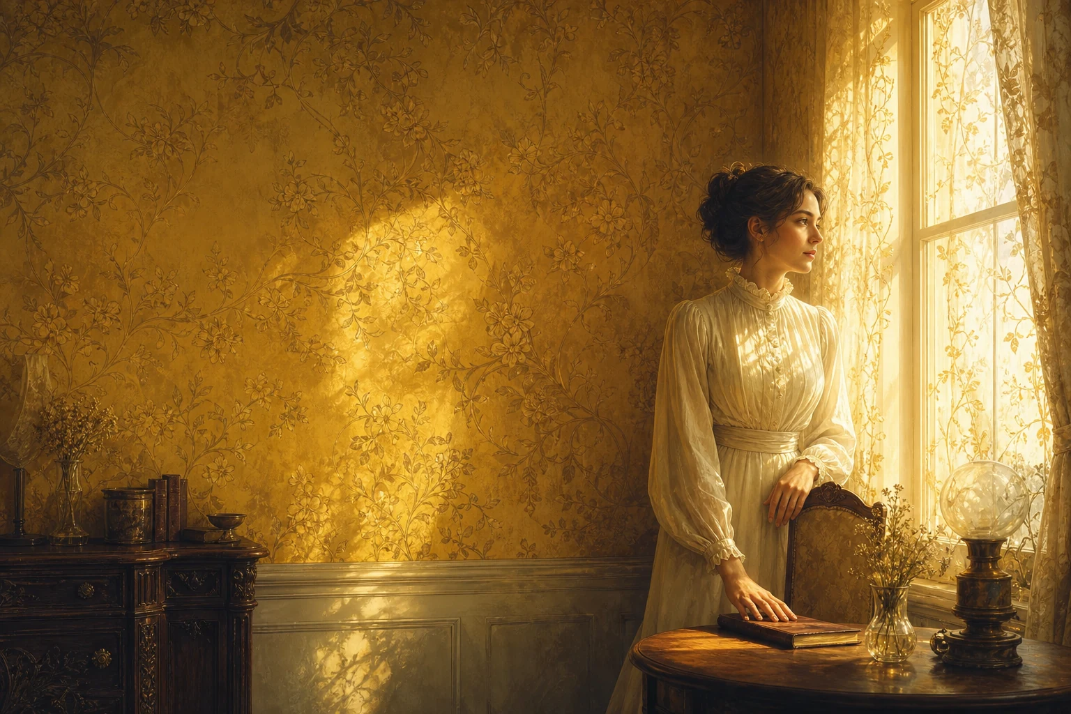 A thoughtful woman beside a sunlit window and intricate yellow floral wallpaper