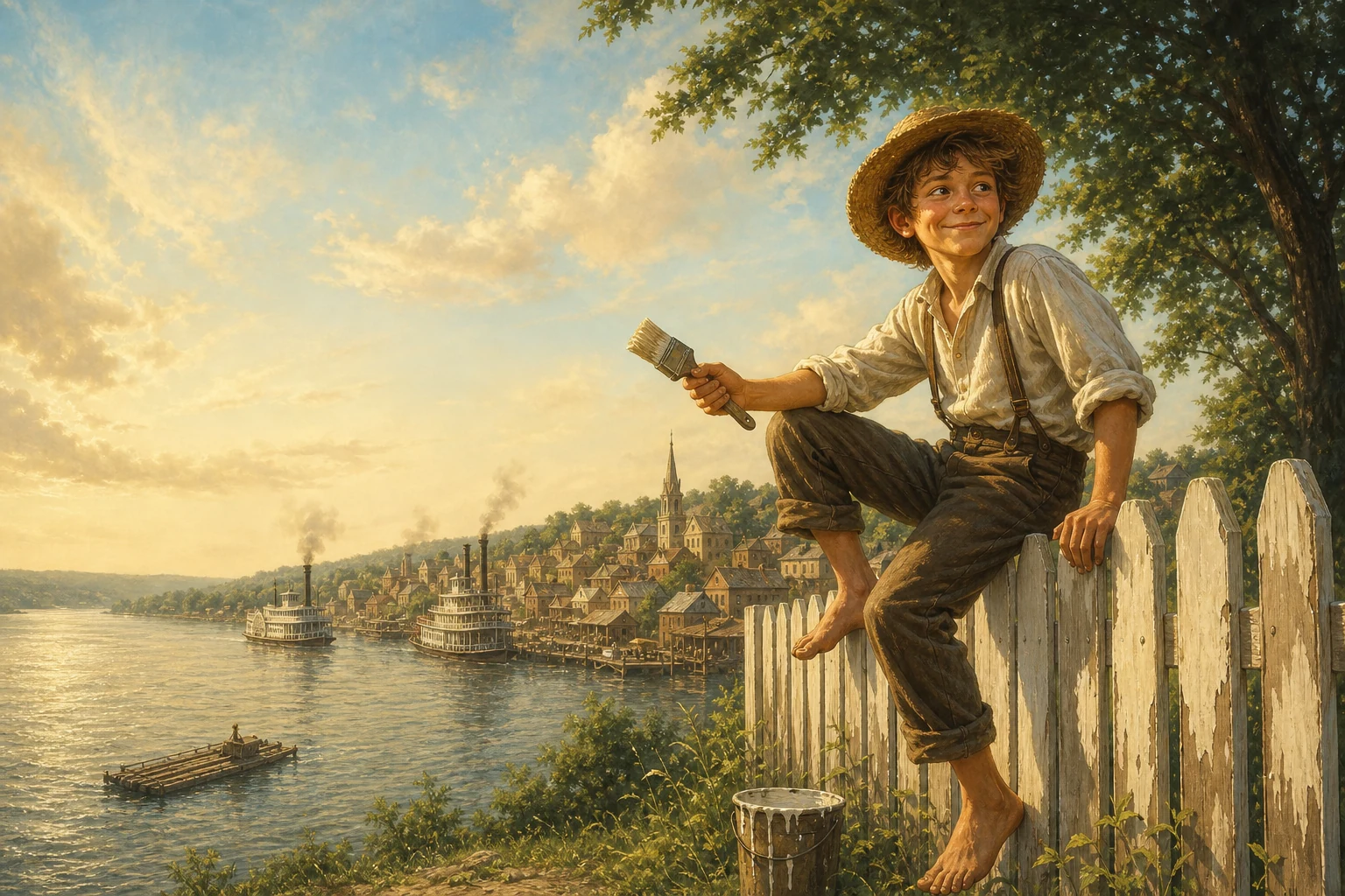 Tom Sawyer perched on a whitewashed fence above the Mississippi River