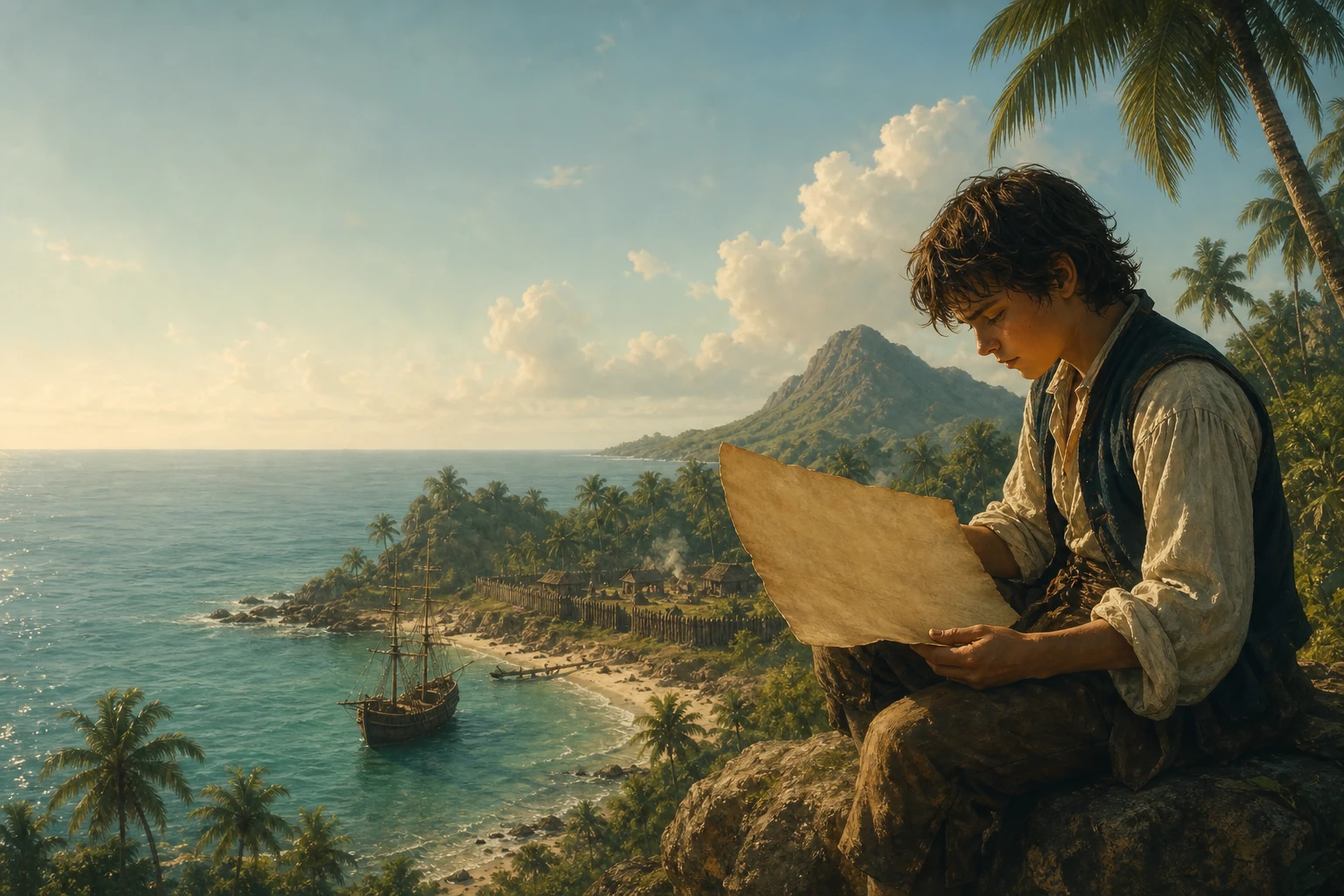 Jim Hawkins studying a treasure map above a tropical island cove