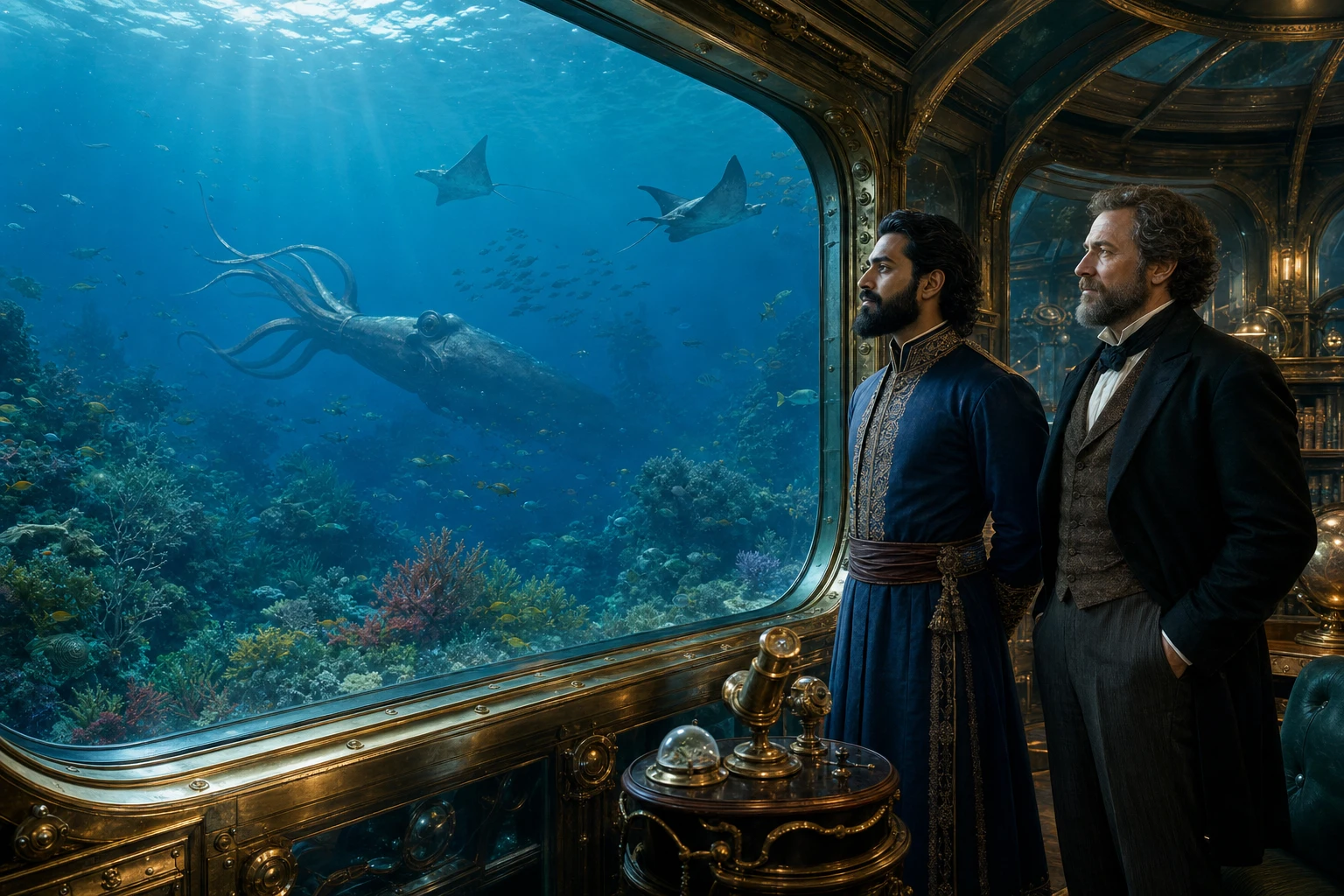 The Nautilus gliding through a luminous underwater world of coral and sea life
