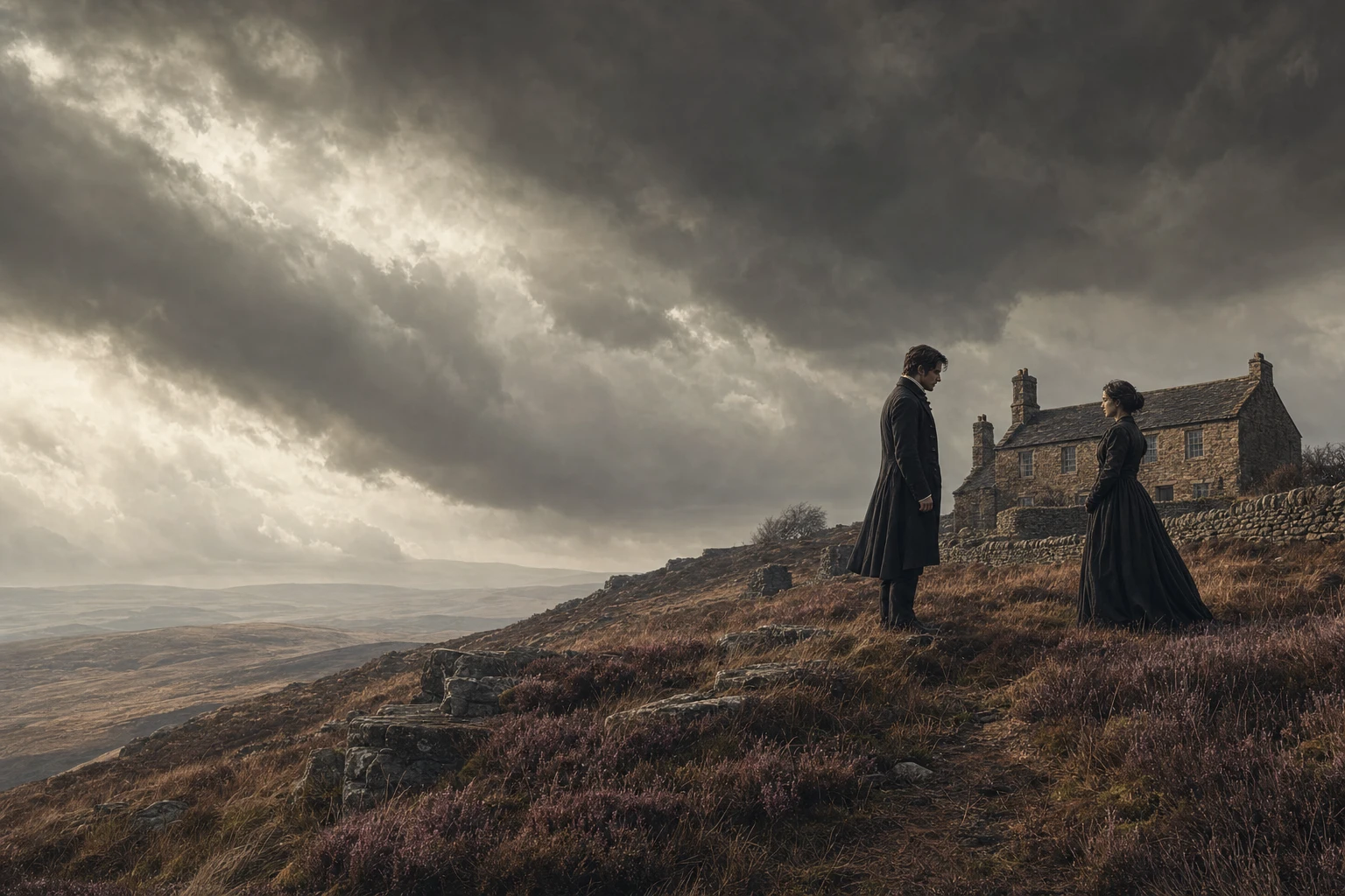 Two distant figures crossing the windswept moors toward Wuthering Heights